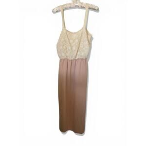Vintage Lace Maxi Dress Boho Cottagecore Cream Blush Slip Dress 70's